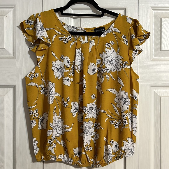 ZENOBIA NWT Mustard Yellow Short Sleeve Floral Blouse Shirts Elastic Waist 1X - Picture 1 of 7